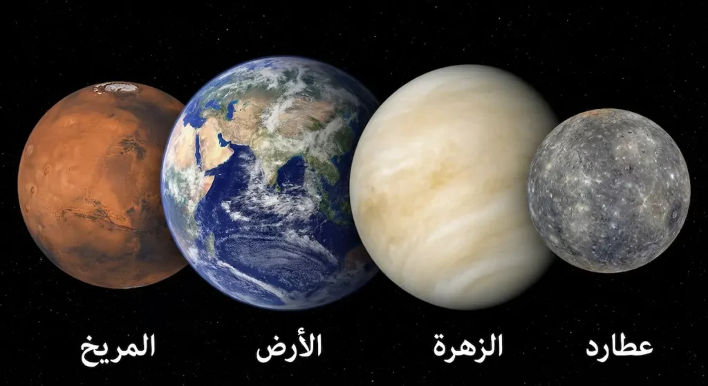 مقارنة بصرية بين الكواكب الصخرية الأربعة: عطارد والزهرة والأرض والمريخ بأحجامها النسبية