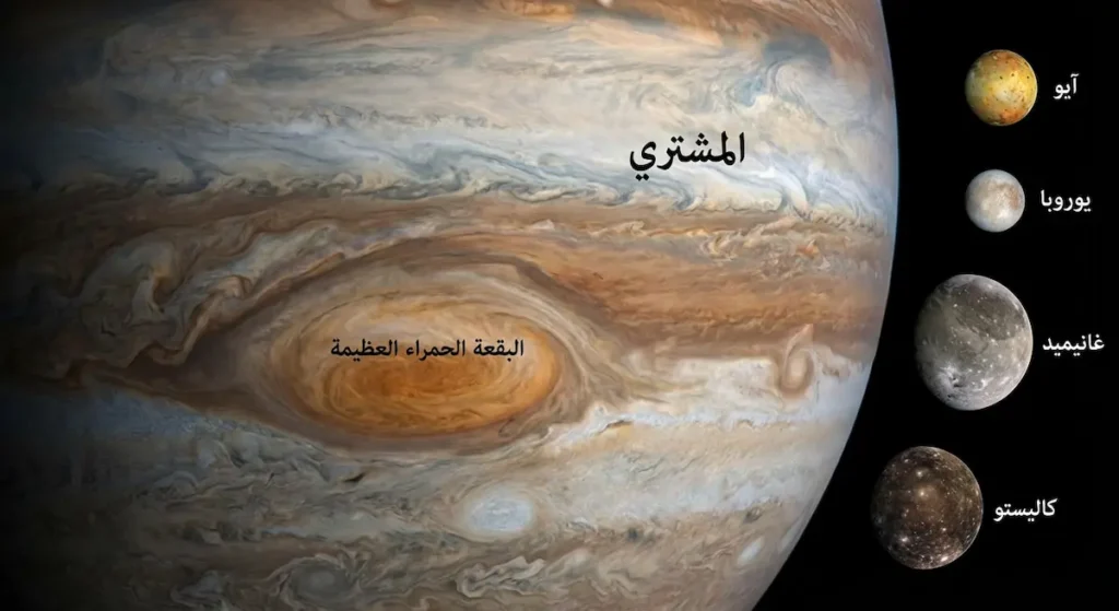 صورة مقربة للمشتري تُظهر البقعة الحمراء العظيمة والأحزمة الغازية الملونة مع الأقمار الغاليلية الأربعة