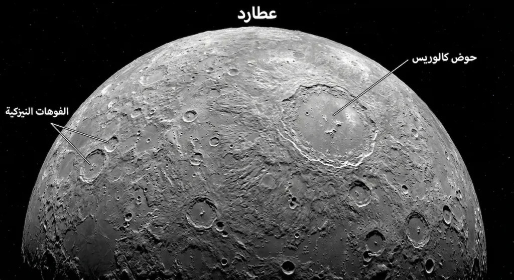 صورة فضائية واقعية لكوكب عطارد تُظهر سطحه الرمادي المليء بالفوهات النيزكية وحوض كالوريس العملاق