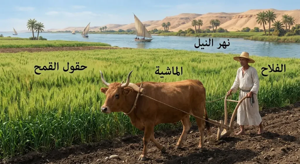 رسم توضيحي لفلاح مصري قديم يمارس الزراعة المختلطة بجمع زراعة القمح وتربية الماشية بجوار نهر النيل