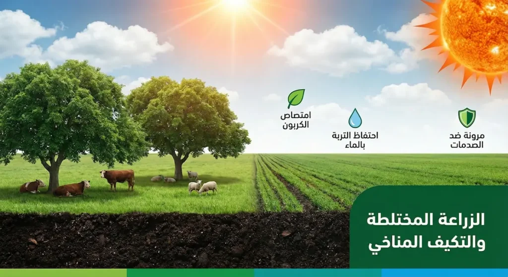 مزرعة مختلطة تُظهر آليات التكيف المناخي: امتصاص الكربون، احتفاظ التربة بالماء، والمرونة ضد الصدمات البيئية