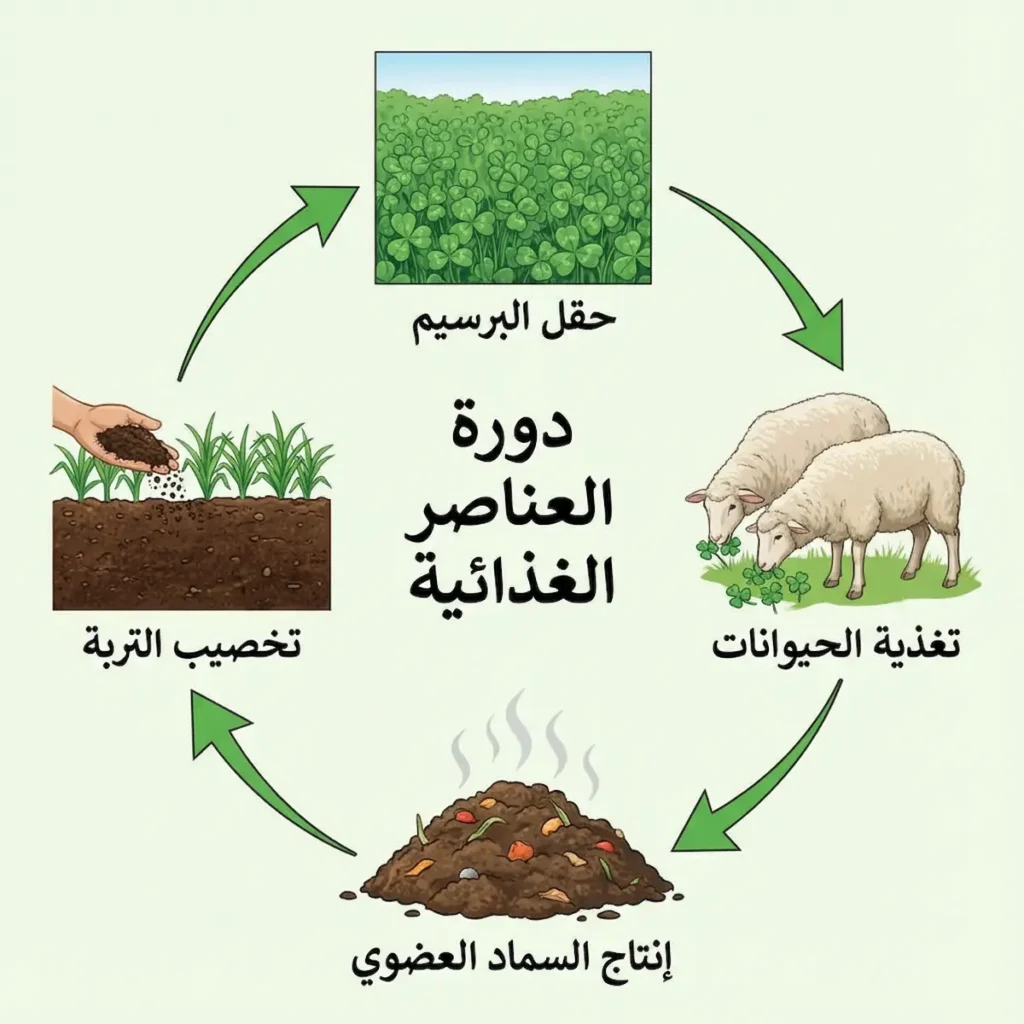 رسم دائري يوضح دورة العناصر الغذائية المغلقة: من حقل البرسيم إلى تغذية الحيوانات إلى إنتاج السماد العضوي إلى تخصيب التربة