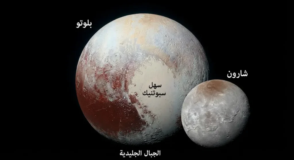 صورة تفصيلية لبلوتو تُظهر سهل سبوتنيك الجليدي والجبال والقمر شارون بجانبه