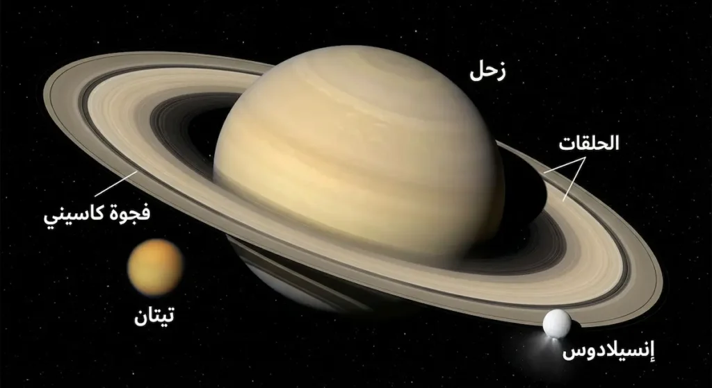 صورة فضائية لزحل تُظهر حلقاته المذهلة وفجوة كاسيني والقمرين تيتان وإنسيلادوس