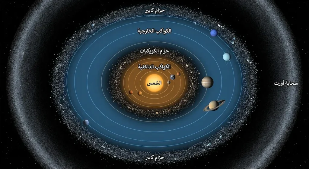 خريطة علوية للمجموعة الشمسية تُظهر تقسيمها إلى مناطق: الكواكب الداخلية وحزام الكويكبات والكواكب الخارجية وحزام كايبر وسحابة أورت