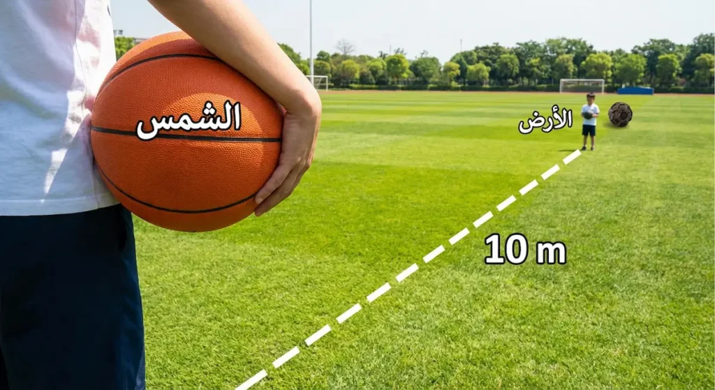 شخص يحمل كرة سلة تمثل الشمس وآخر بعيد يحمل حبة فلفل تمثل الأرض لتوضيح الفرق الشاسع في الأحجام والمسافات