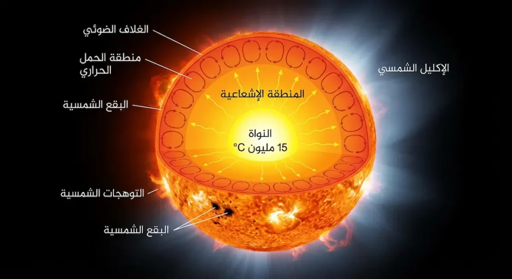 رسم مقطعي علمي للشمس يُظهر النواة والمنطقة الإشعاعية ومنطقة الحمل الحراري والغلاف الضوئي والبقع الشمسية