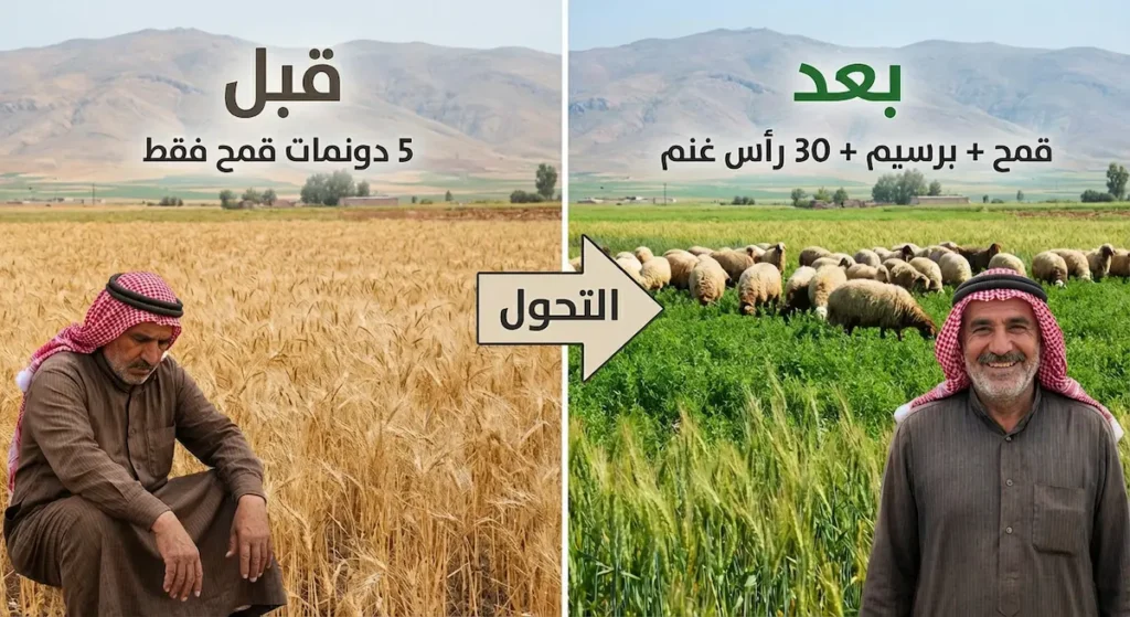 مقارنة بصرية لمزرعة قبل وبعد التحول: من زراعة القمح فقط إلى نظام متكامل يضم القمح والبرسيم وثلاثين رأساً من الأغنام