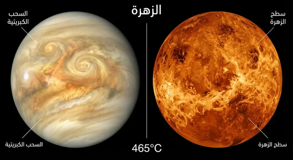 صورة مركبة للزهرة تُظهر سحبها الكبريتية الكثيفة من الخارج وسطحها البركاني الحارق تحتها
