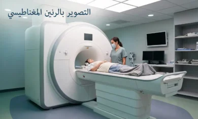 مريض على طاولة جهاز الرنين المغناطيسي داخل غرفة تصوير حديثة مع فني أشعة.