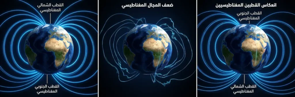 "مخطط ثلاثي يوضح مراحل انعكاس القطبين المغناطيسيين وضعف المجال."