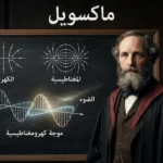 جيمس كلارك ماكسويل أمام سبورة تُظهر الكهرباء والمغناطيسية والضوء وموجة كهرومغناطيسية بتسميات عربية