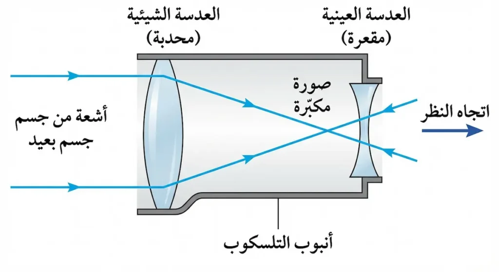 رسم بياني يوضح المكونات الداخلية لتلسكوب جاليليو ومسار الضوء بين العدسة الشيئية المحدبة والعدسة العينية المقعرة.