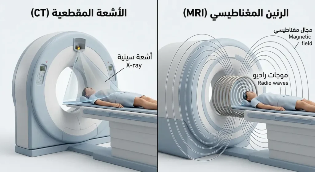 إنفوجرافيك يقارن جهاز الأشعة المقطعية مع شعاع أشعة سينية مقابل جهاز الرنين المغناطيسي مع مجال مغناطيسي وموجات راديو.