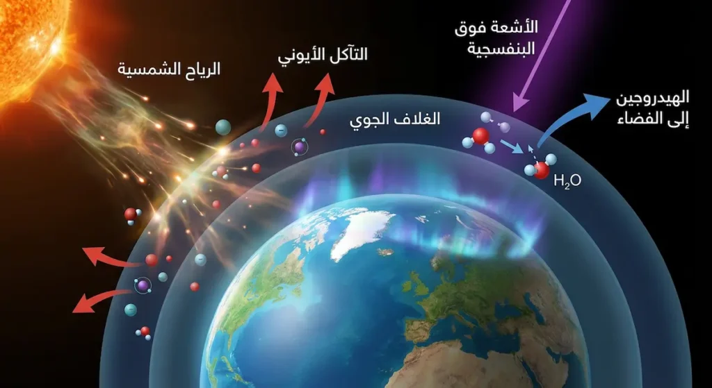 "مخطط يشرح التآكل الأيوني وتفكك الماء وهروب الهيدروجين إلى الفضاء."