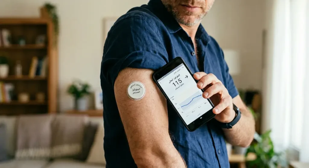 مستشعر مراقبة الجلوكوز المستمرة مثبّت على ذراع شخص بينما يقرأ بيانات السكر عبر هاتفه الذكي