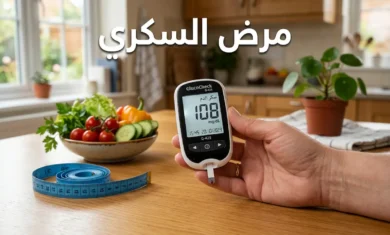 يد شخص تمسك جهاز قياس سكر الدم مع طبق خضروات طازجة على طاولة مطبخ وعليها عبارة مرض السكري