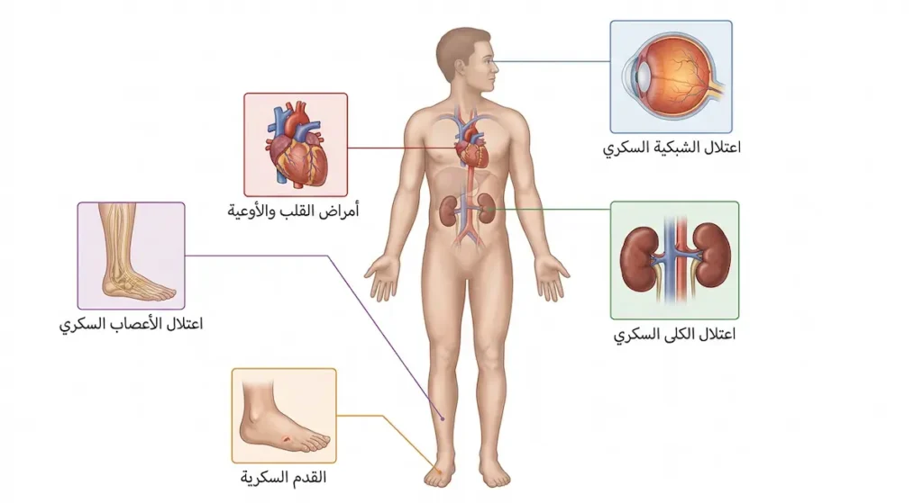 رسم توضيحي لجسم الإنسان يُظهر المضاعفات الرئيسية لمرض السكري على القلب والكلى والعين والأعصاب والقدم