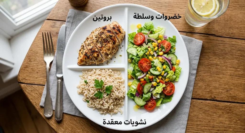 طبق طعام مقسّم إلى نصف خضروات وربع بروتين وربع نشويات معقدة كنموذج لتغذية مريض السكري