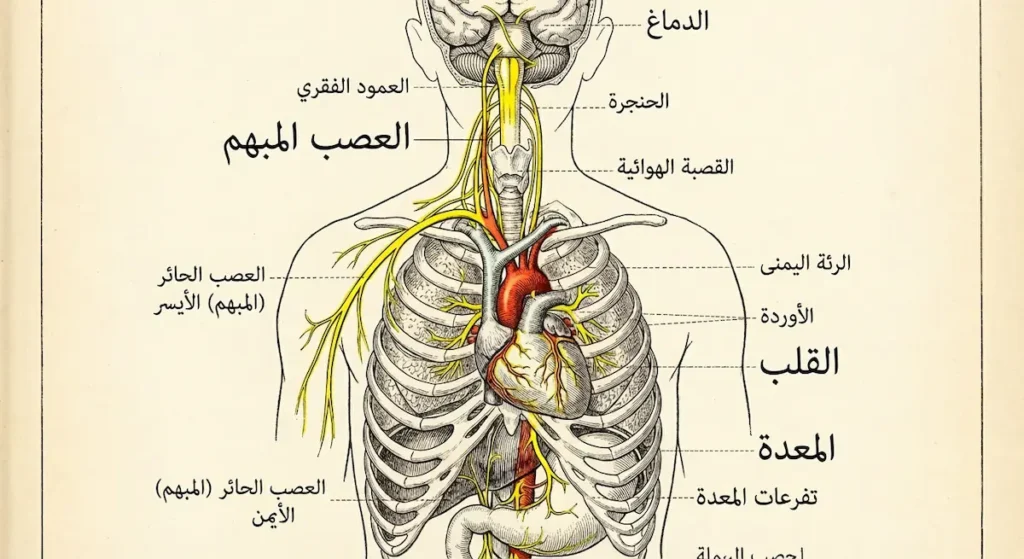 رسم توضيحي للعصب المبهم (Vagus Nerve) يمتد من الدماغ إلى القلب والمعدة