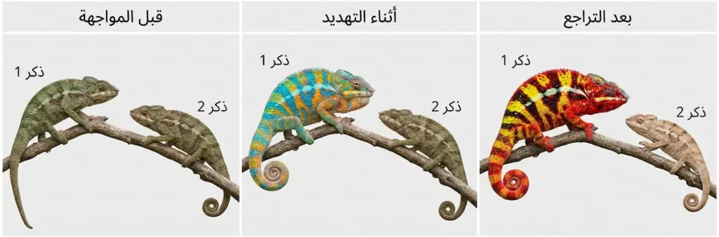 لوحة من ثلاث لقطات لحرباءين على أغصان تُظهر قبل المواجهة وأثناء التهديد وبعد التراجع مع تسميات عربية.