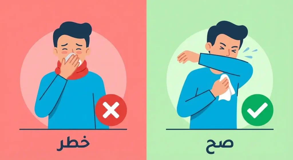 رسم توضيحي لشخص يعطس في كوعه وعلامة خطأ على شخص يكتم أنفه