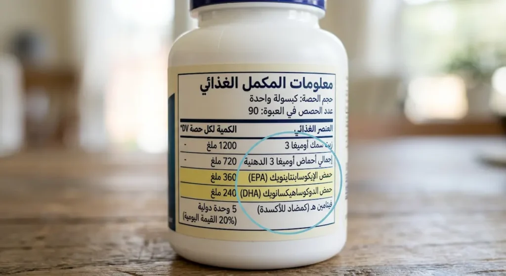 صورة مقربة لملصق عبوة مكمل زيت السمك تُبرز تركيز EPA وDHA الفعلي مقارنة بالوزن الكلي للكبسولة
