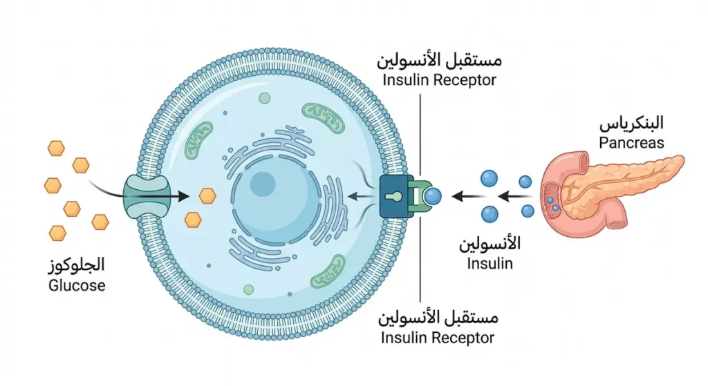  رسم توضيحي علمي يُظهر البنكرياس وهو يُفرز الأنسولين الذي يرتبط بمستقبل على سطح الخلية فيسمح للجلوكوز بالدخول إليها