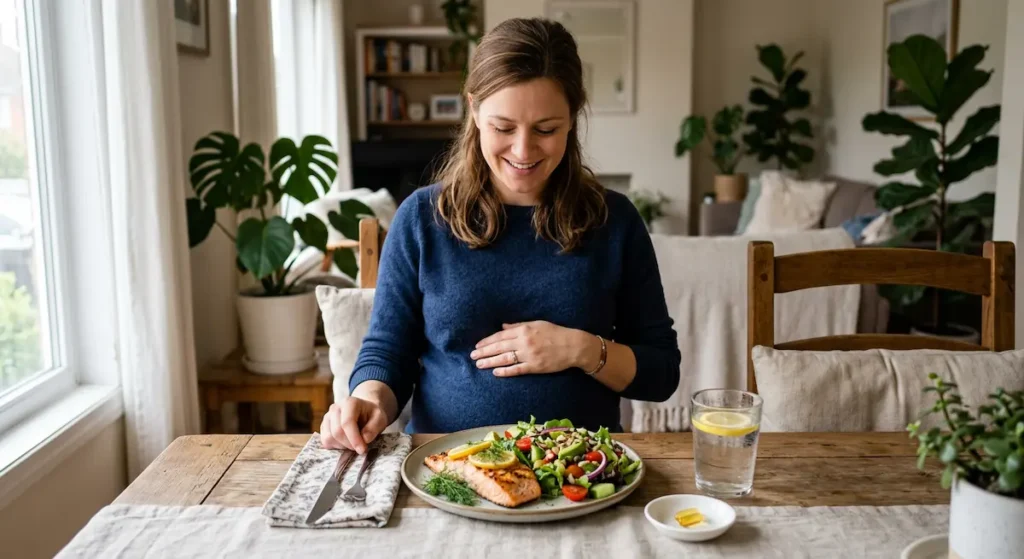 امرأة حامل تجلس أمام طبق سلمون مشوي وسلطة خضراء وكبسولة زيت سمك توضح أهمية تناول أوميغا 3 خلال الحمل