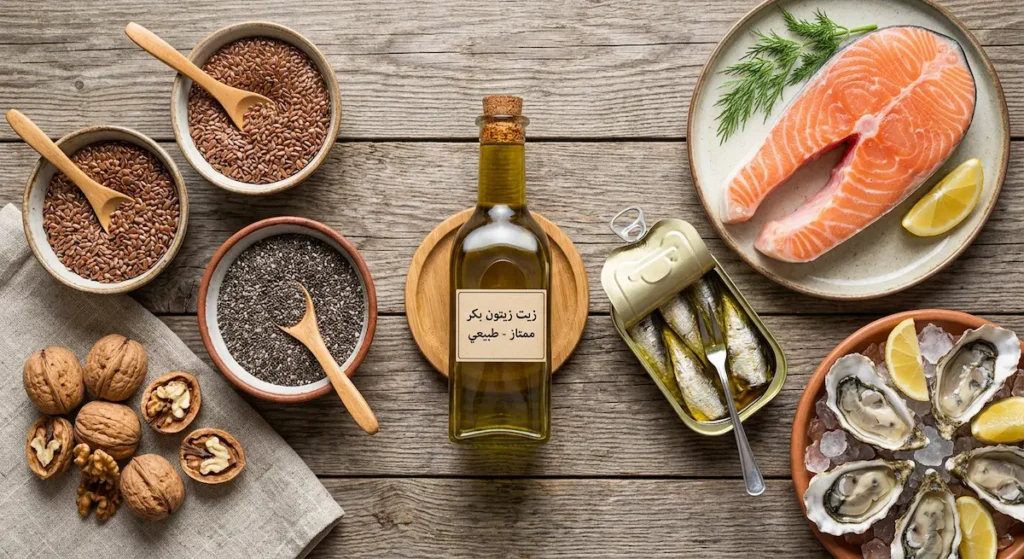منظر علوي لطاولة خشبية عليها مصادر أوميغا 3 البحرية كالسلمون والسردين والمحار ومصادر نباتية كبذور الكتان والشيا والجوز وزيت الزيتون