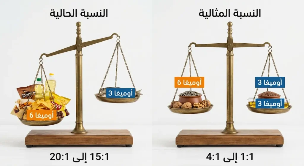 ميزانان يقارنان بين النسبة المثالية لأوميغا 6 إلى أوميغا 3 وهي 1 إلى 1 حتى 4 إلى 1 والنسبة الحالية المختلة التي تصل إلى 15 إلى 1 أو 20 إلى 1