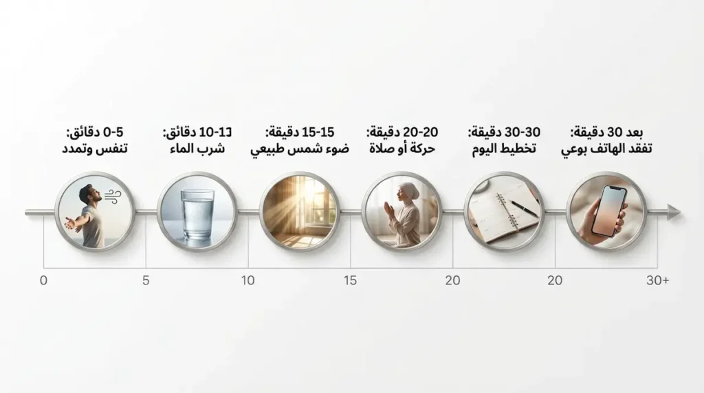 خط زمني إنفوجرافيك لأول 30 دقيقة صباحاً مع تسميات عربية للتنفس والماء وضوء الشمس والحركة والتخطيط ثم تفقد الهاتف بوعي.