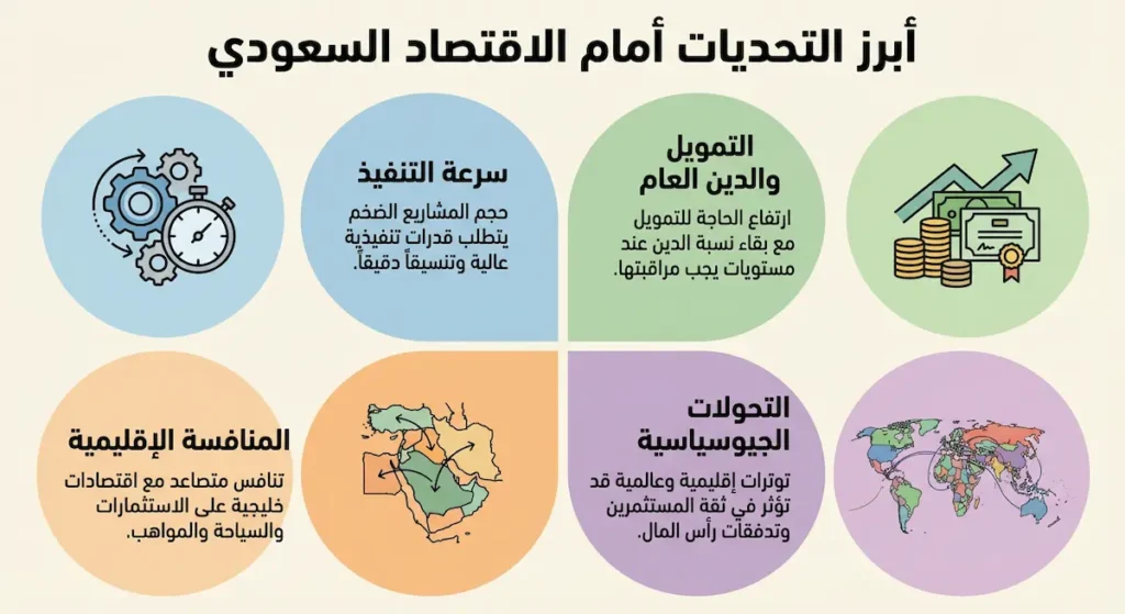 إنفوغرافيك يلخص أربعة تحديات رئيسة تواجه الاقتصاد السعودي: سرعة تنفيذ المشاريع، تمويل الرؤية والدين العام، المنافسة الإقليمية، والتحولات الجيوسياسية