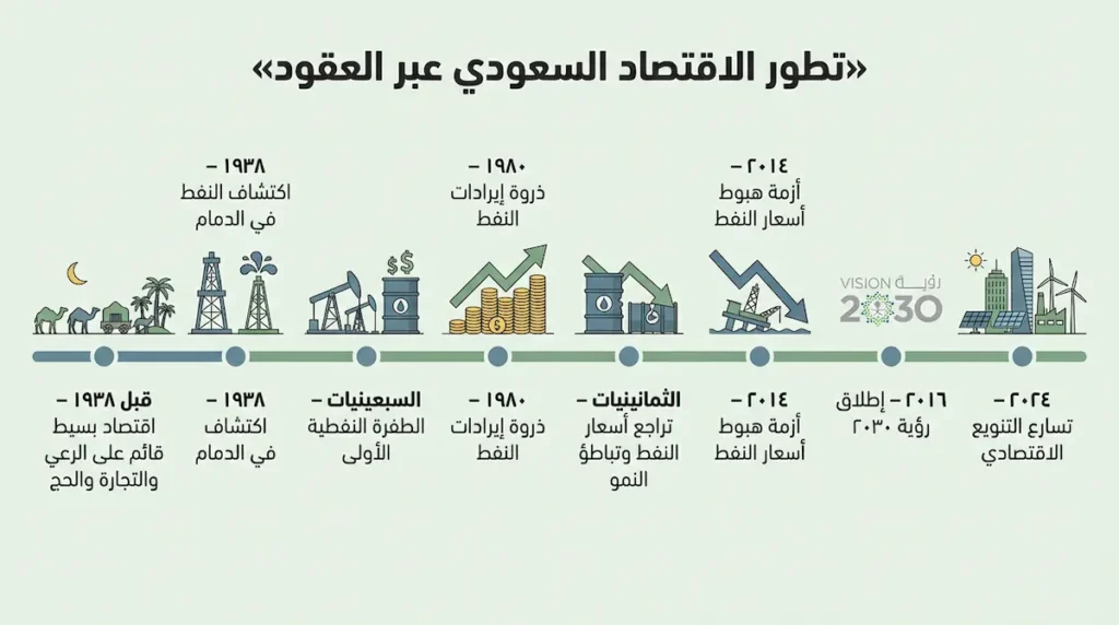 إنفوغرافيك خط زمني يوضح المراحل الأساسية في تطور الاقتصاد السعودي من ما قبل اكتشاف النفط حتى مرحلة رؤية ٢٠٣٠ والتنويع الاقتصادي في ٢٠٢٤.