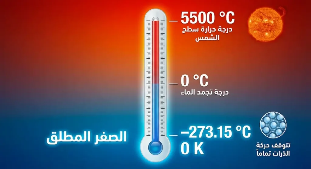 ميزان حرارة علمي يوضح مفهوم الصفر المطلق عند درجة −273.15 مئوية حيث تتوقف حركة الذرات