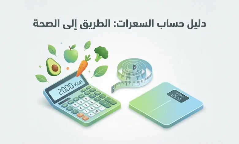 رسم توضيحي ثلاثي الأبعاد لأدوات قياس الوزن وحساب السعرات الحرارية مع أطعمة صحية.