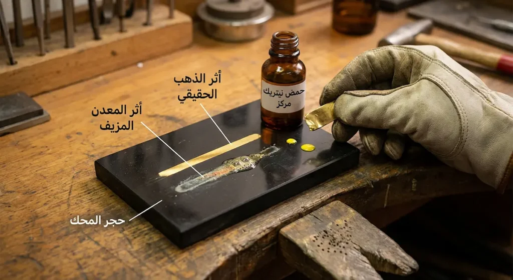  حجر محك أسود يُظهر الفرق بين أثر الذهب الحقيقي الثابت وأثر المعدن المزيف المتآكل بعد تطبيق الحمض