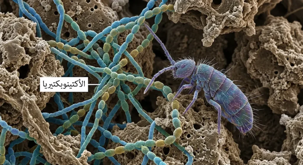 صورة مجهرية تظهر بكتيريا الأكتينوبكتيريا وهي تفرز الأبواغ مع حشرة صغيرة بجانبها