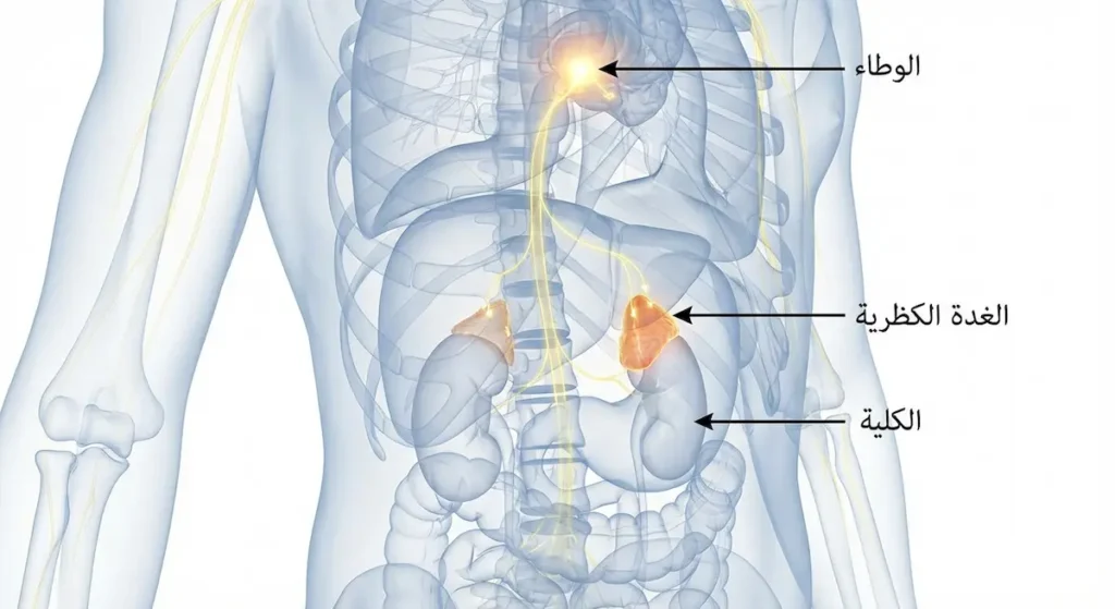 رسم تشريحي يوضح موقع الغدة الكظرية فوق الكلية في جسم الإنسان