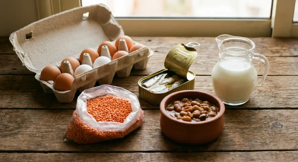 مصادر بروتين اقتصادية متوفرة في الأسواق العربية: البيض والعدس والسردين المعلب والفول المدمس والحليب