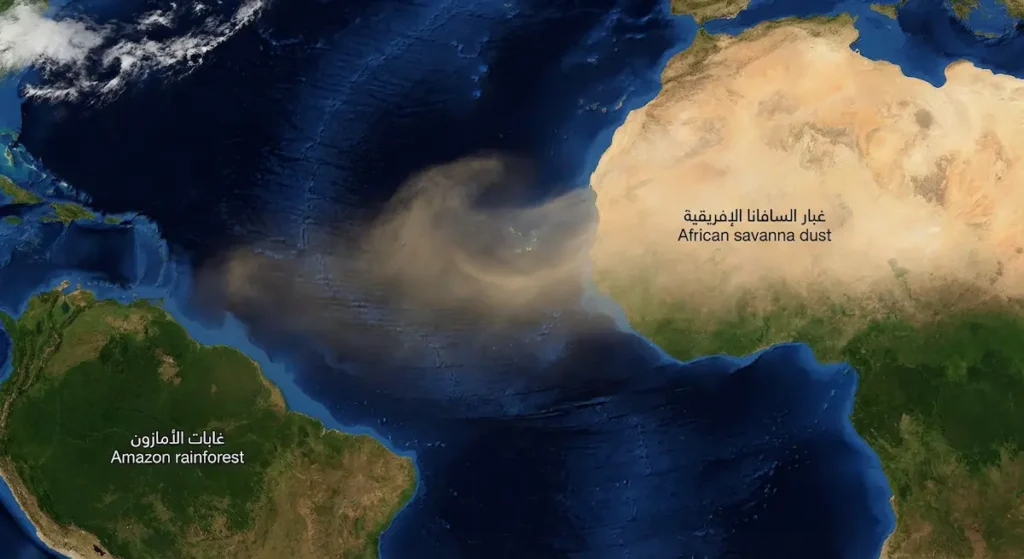  صورة قمر صناعي تُظهر سحابة غبار تمتد من إفريقيا عبر المحيط الأطلسي باتجاه أمريكا الجنوبية.