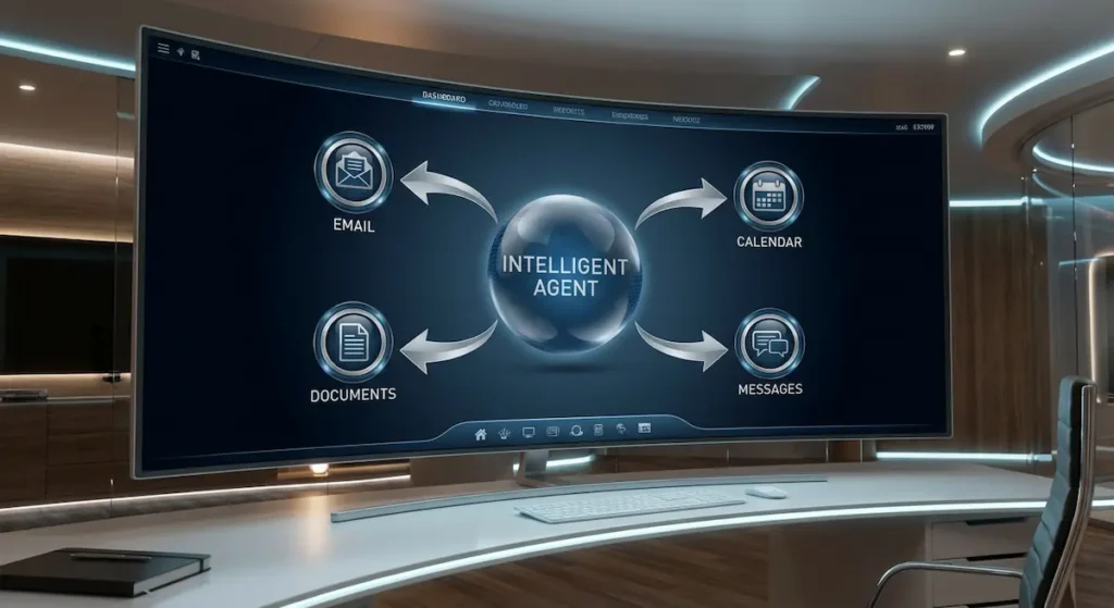  لوحة تحكم رقمية تُظهر وكيلاً ذكياً يُدير البريد والتقويم والمستندات بشكل متكامل