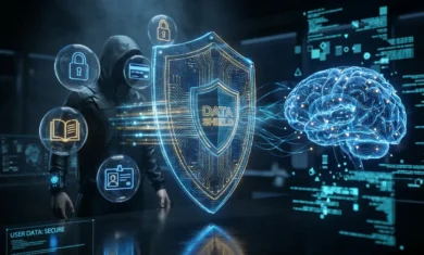 تصميم فني ثلاثي الأبعاد يوضح مفهوم خصوصية البيانات في عصر الذكاء الاصطناعي، يُظهر درعاً رقمياً متوهجاً يحمي البيانات الشخصية الحساسة من الوصول غير المصرح به أثناء معالجتها بواسطة شبكة عصبية زرقاء.