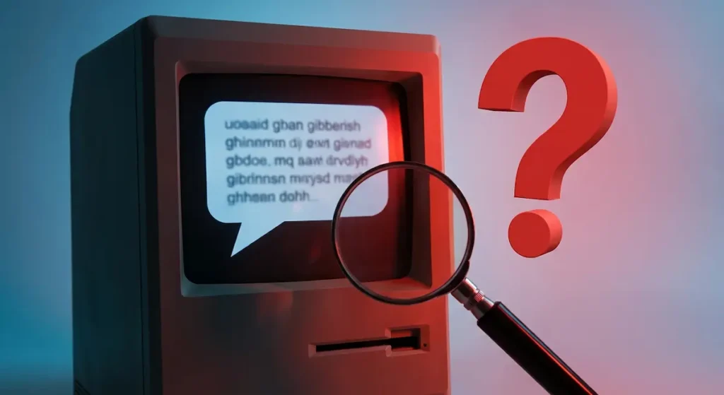  شاشة حاسوب مع علامة استفهام وعدسة مكبرة تُرمز إلى ضرورة التحقق من مخرجات الذكاء الاصطناعي