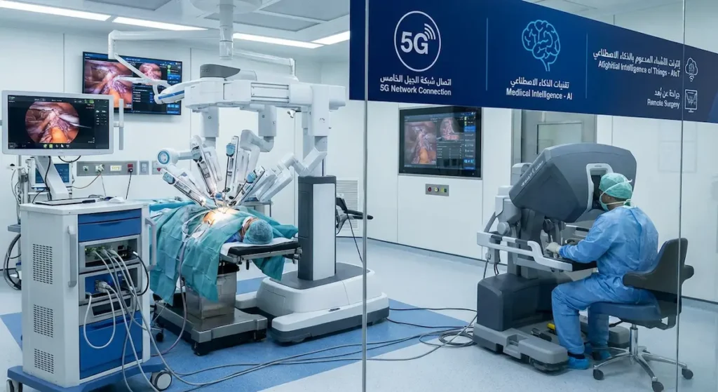 روبوت جراحي في غرفة عمليات متصل عبر شبكة الجيل الخامس (5G) والذكاء الاصطناعي ضمن مستقبل إنترنت الأشياء (Artificial Intelligence of Things - AIoT).