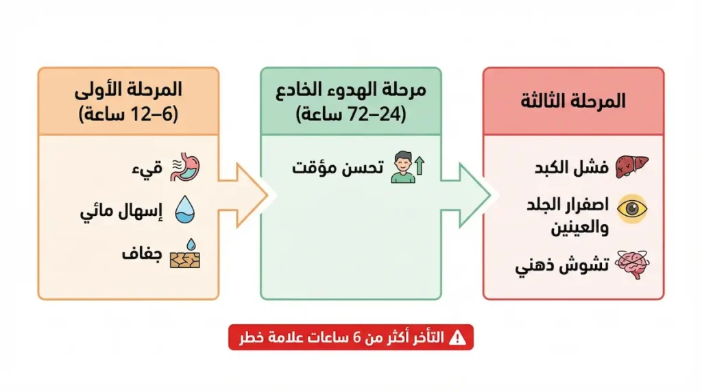 إنفوغرافيك عربي بثلاث مراحل زمنية للتسمم المتأخر مع تنبيه أن التأخر أكثر من 6 ساعات علامة خطر.