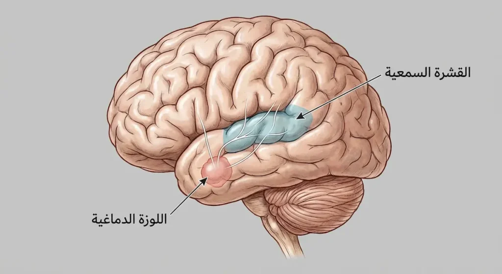  رسم تشريحي للدماغ يُظهر اللوزة الدماغية والقشرة السمعية والاتصالات العصبية المفرطة بينهما