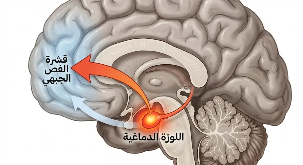مقطع جانبي للدماغ يُظهر اللوزة الدماغية مفرطة النشاط باللون الأحمر وقشرة الفص الجبهي ضعيفة النشاط باللون الأزرق الباهت