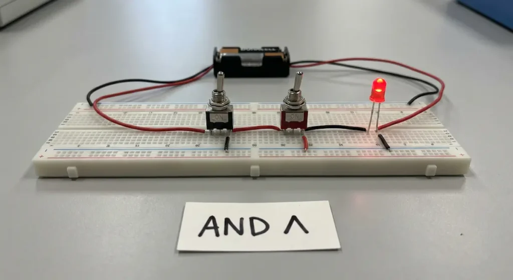 دائرة كهربائية بمفتاحين متصلين على التوالي تمثل عملية الوصل المنطقي AND