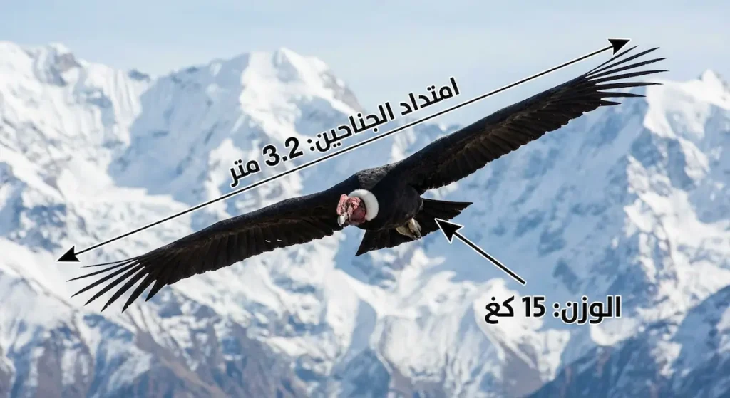 الكندور الأنديزي محلقاً فوق جبال الأنديز بجناحين ممتدين يصل امتدادهما إلى 3.2 متر ووزن 15 كيلوغرام